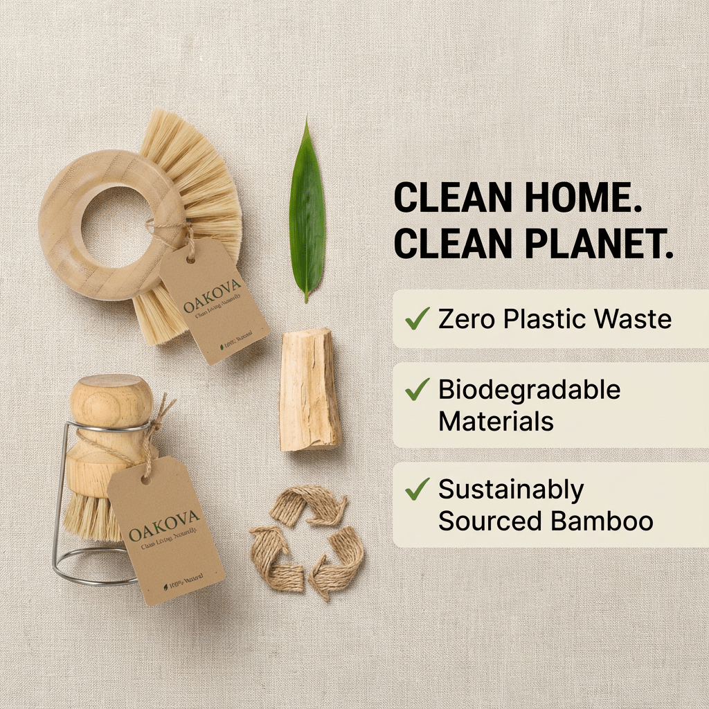 Oakova Bamboo Dish & Veggie Brush Set - With Hygienic Stainless Steel Drying Stand - Oakova