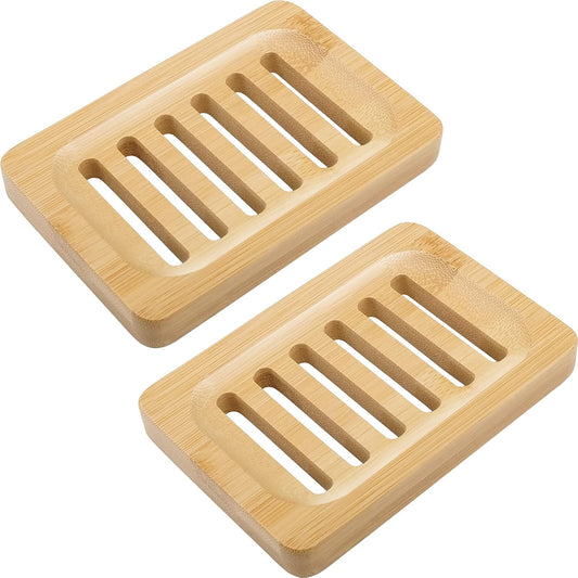 2-Pack Bamboo Self-Draining Soap Dish — Natural Bamboo, Fast-Drying, Bathroom & Kitchen Countertop