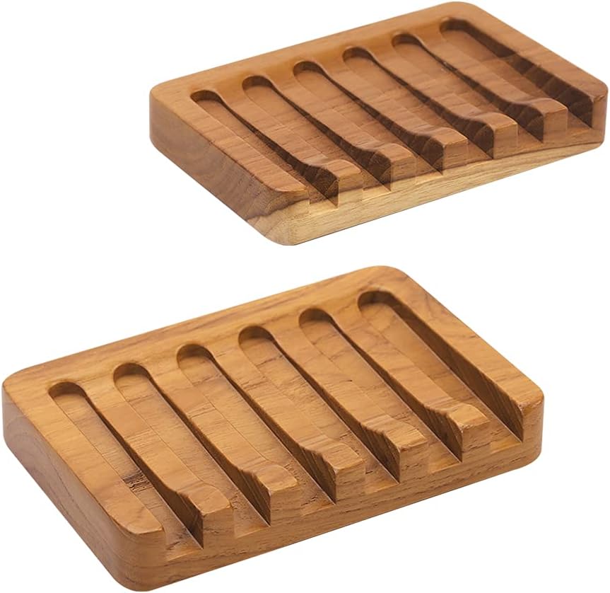 Self-Draining Wooden Soap Dishes 2-Pack — Elevated Grooves, Fast Drying, Solid Wood for Bathroom & Kitchen