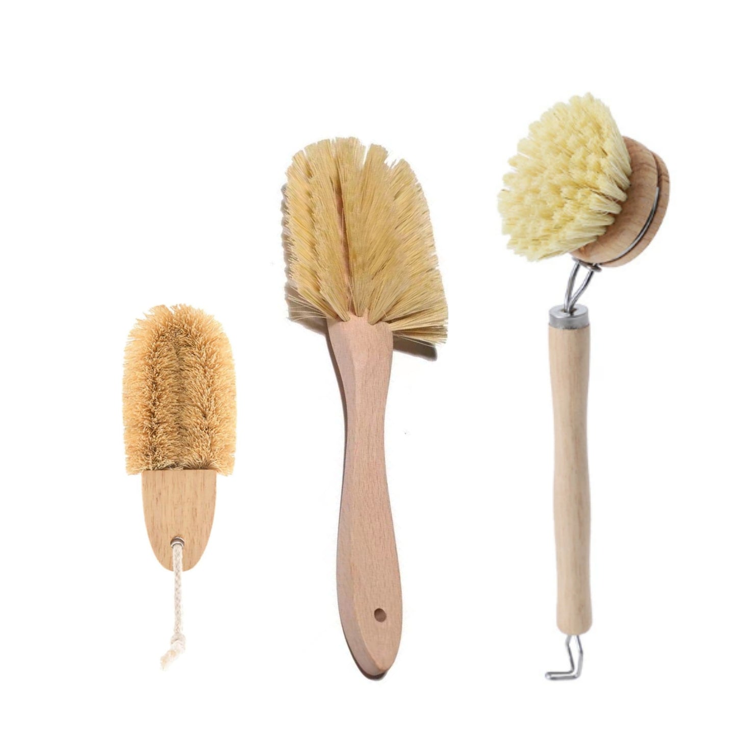 3-Piece Bamboo Kitchen Brush Set — Long Handle Pot Brush + Replaceable Head Dish Brush + Small Detail Scrubber
