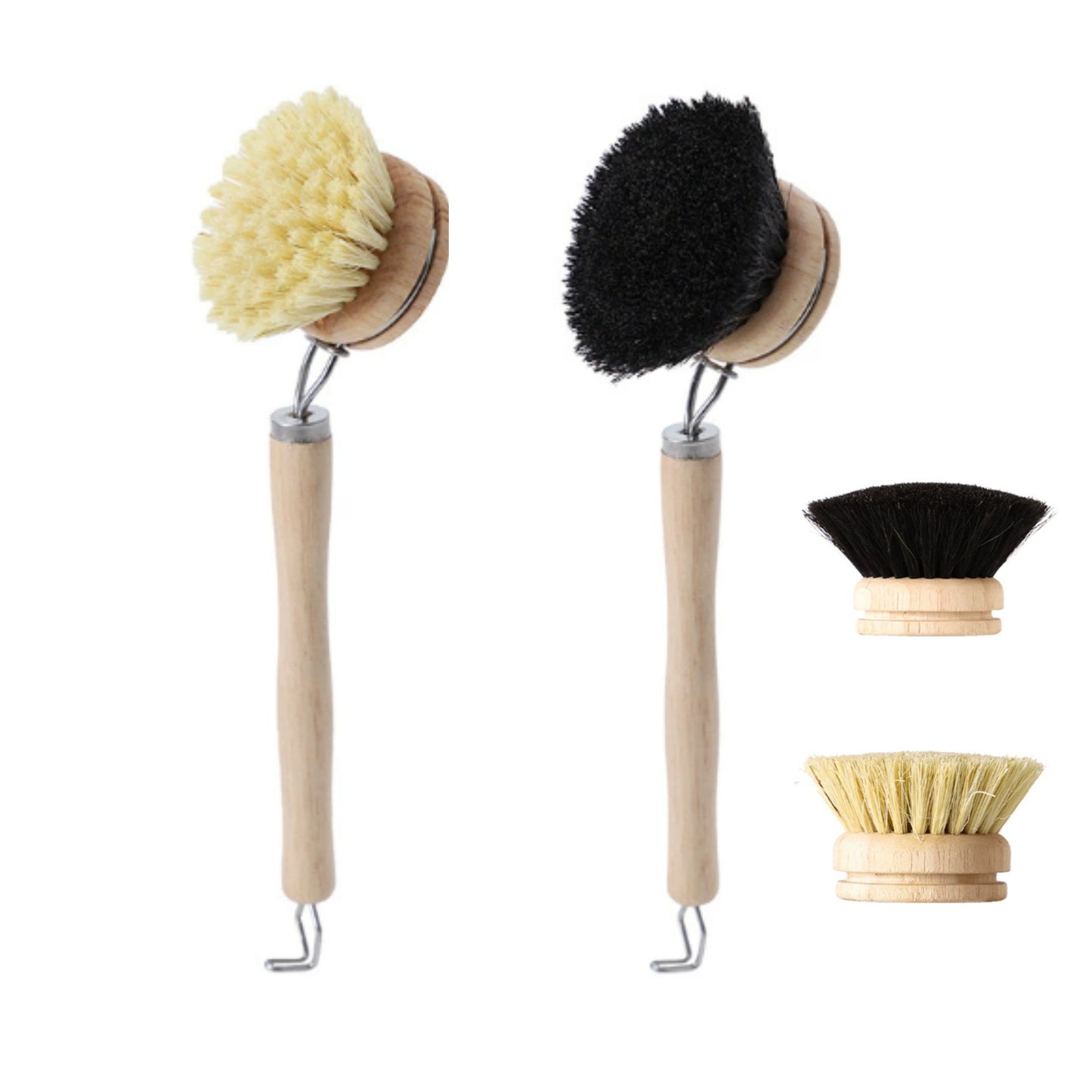 Soft & Hard Dish Brush Bundle with 2 Refills — Natural Bristles and Wooden Handle