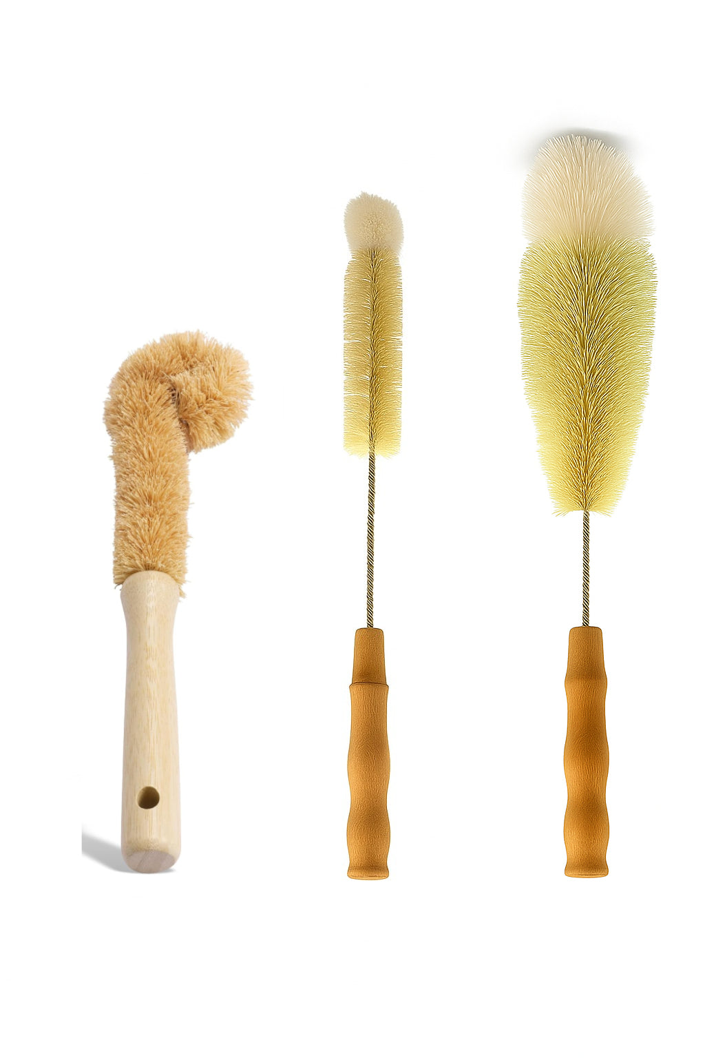 OAKVERRA Bamboo Bottle & Cup Brush Set, 3-Piece – Plant-Based Sisal Bristles, Plastic-Free, Eco Cleaning Brushes