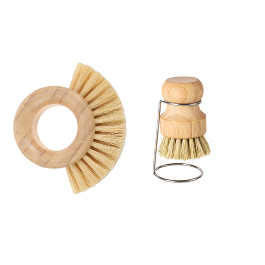 Bamboo Vegetable Brush & Dish Scrubber Set with Stainless Steel Drying Stand