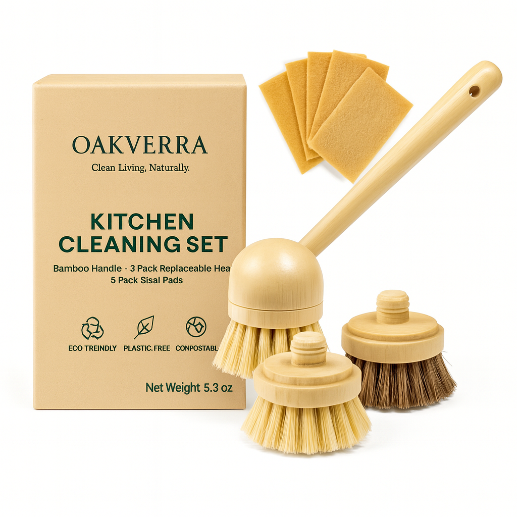 Eco-Friendly Kitchen Cleaning Set – Bamboo Long Handle Brush with 3 Replaceable Heads & 5 Non-Scratch Sisal Scrub Pads