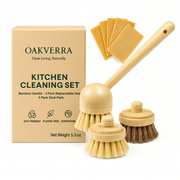 Eco-Friendly Kitchen Cleaning Set – Bamboo Long Handle Brush with 3 Replaceable Heads & 5 Non-Scratch Sisal Scrub Pads