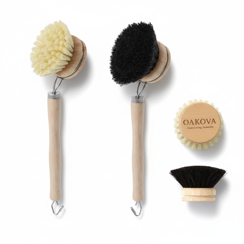 Soft & Hard Dish Brush Bundle with 2 Refills — Natural Bristles and Wooden Handle