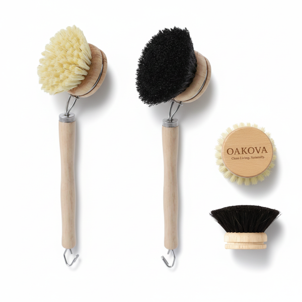 Soft & Hard Dish Brush Bundle with 2 Refills — Natural Bristles and Wooden Handle