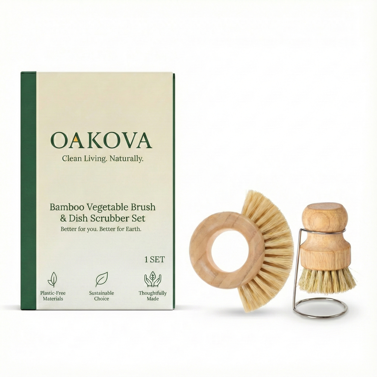 Bamboo Vegetable Brush & Dish Scrubber Set with Stainless Steel Drying Stand