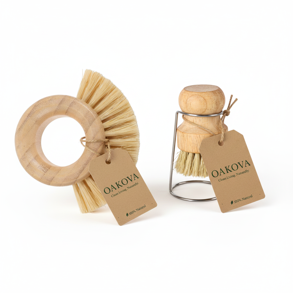Bamboo Vegetable Brush & Dish Scrubber Set with Stainless Steel Drying Stand
