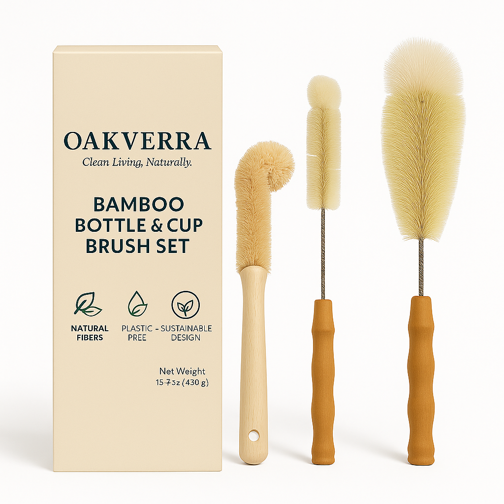 OAKVERRA Bamboo Bottle & Cup Brush Set, 3-Piece – Plant-Based Sisal Bristles, Plastic-Free, Eco Cleaning Brushes - Oakova