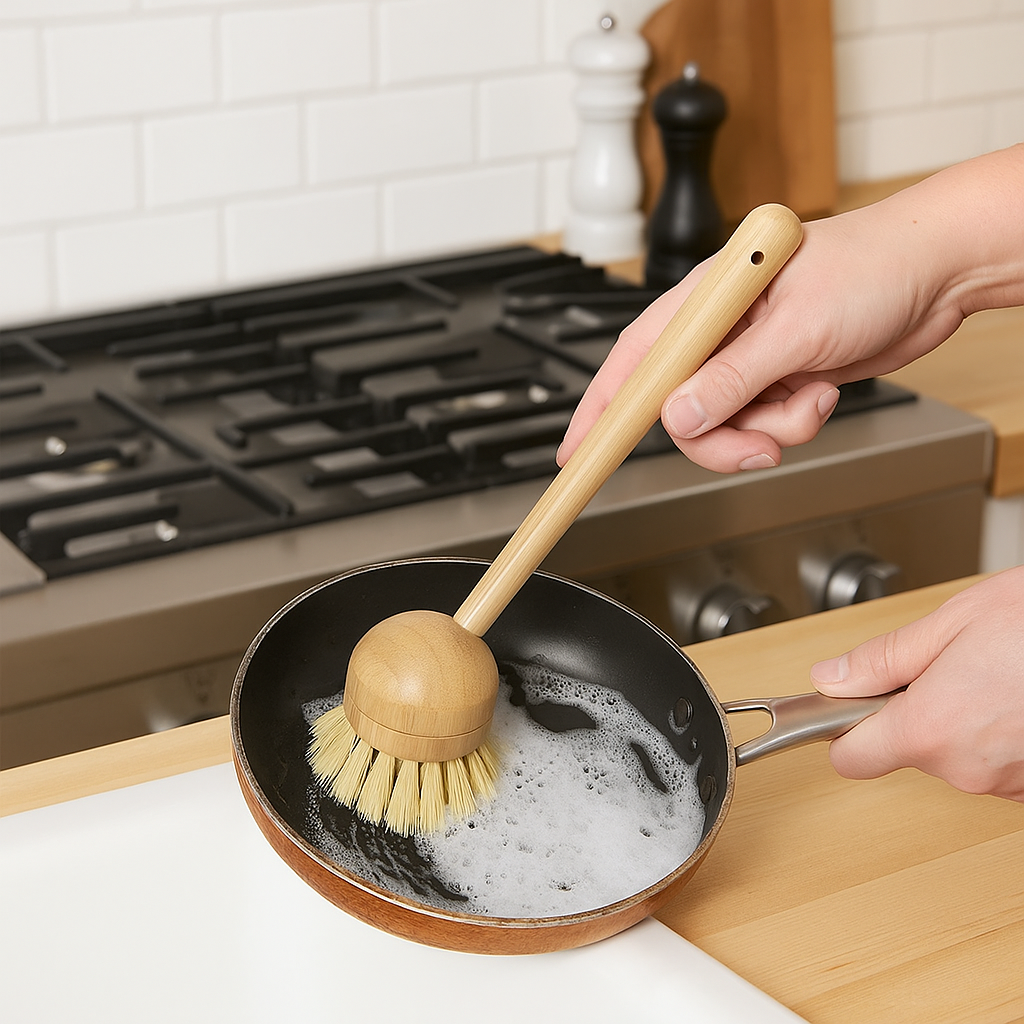 Eco-Friendly Kitchen Cleaning Set – Bamboo Long Handle Brush with 3 Replaceable Heads & 5 Non-Scratch Sisal Scrub Pads