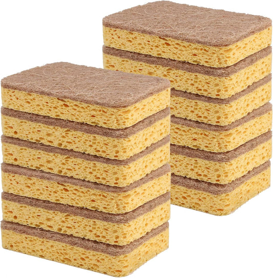 Dual-Layer Sisal & Cellulose Dish Sponges – 12 Pack Non-Scratch Everyday Cleaning