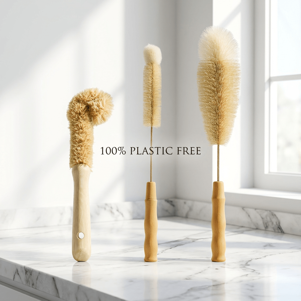 Oakova Bamboo Bottle Brush Set (3 - Piece) | Natural Sisal Bristles for Baby Bottles, Vases & Pots - Oakova