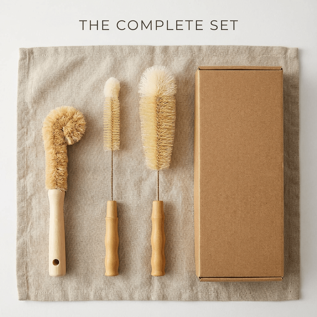 Oakova Bamboo Bottle Brush Set (3 - Piece) | Natural Sisal Bristles for Baby Bottles, Vases & Pots - Oakova