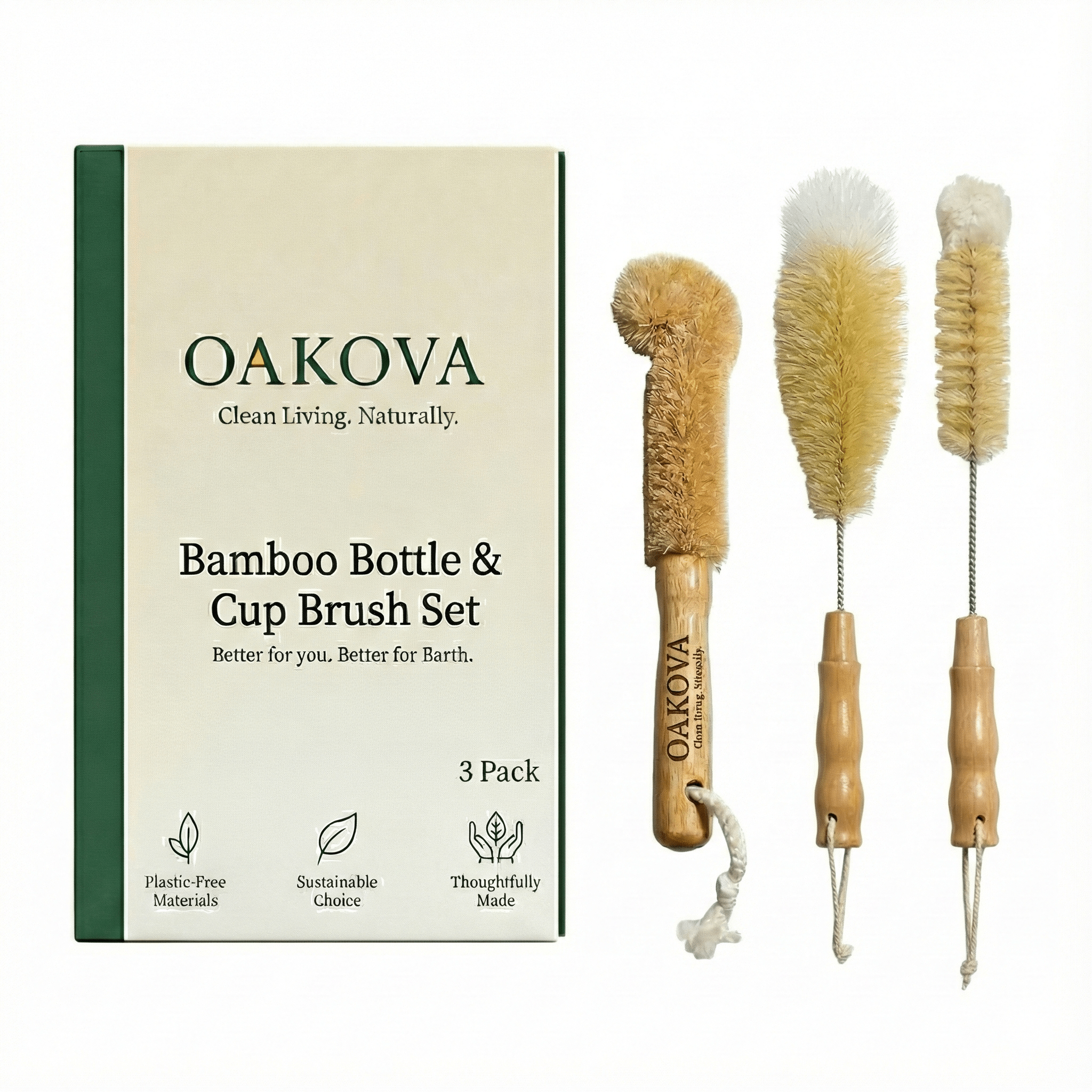 Oakova Bamboo Bottle Brush Set (3-Piece) | Natural Sisal Bristles for Baby Bottles, Vases & Pots