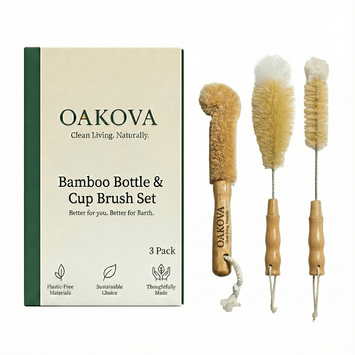 Oakova Bamboo Bottle Brush Set (3 - Piece) | Natural Sisal Bristles for Baby Bottles, Vases & Pots - Oakova