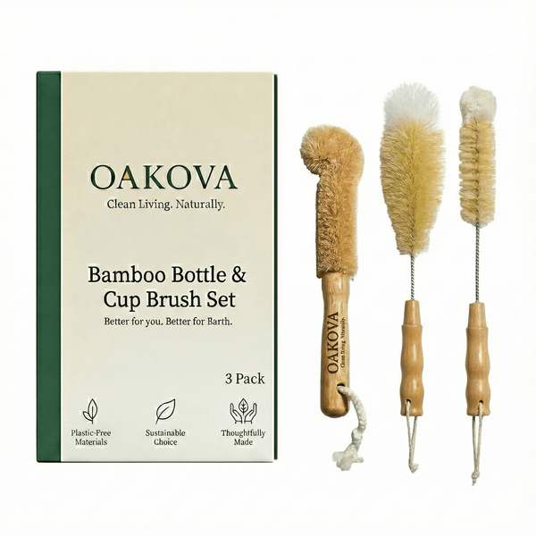 Oakova Bamboo Bottle Brush Set (3-Piece) | Natural Sisal Bristles for Baby Bottles, Vases & Pots
