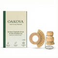 Oakova Bamboo Dish & Veggie Brush Set - With Hygienic Stainless Steel Drying Stand - Oakova