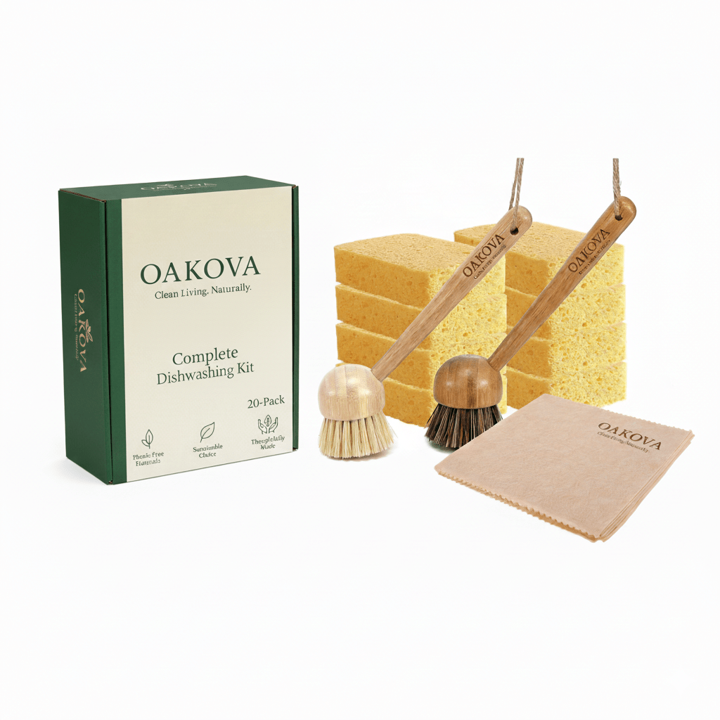Oakova Complete Dishwashing Kit: Bamboo Brushes, Cellulose Sponges & Loofahs - Oakova