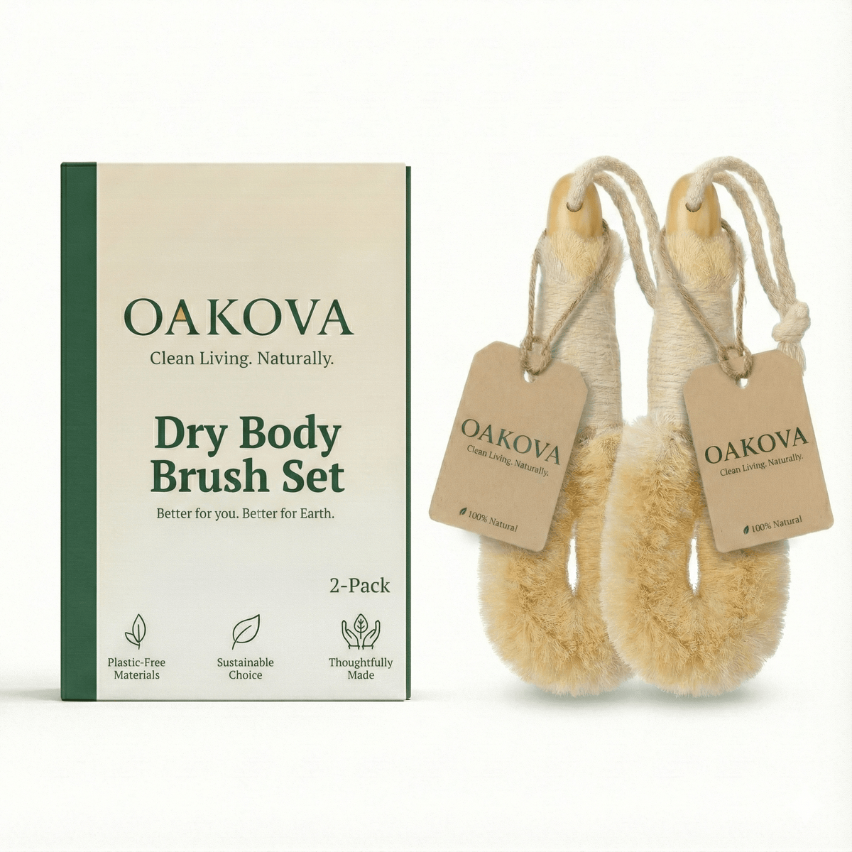 Oakova Dry Body Brush Set (2-Pack) - Natural Bristles for Exfoliation & Lymphatic Support