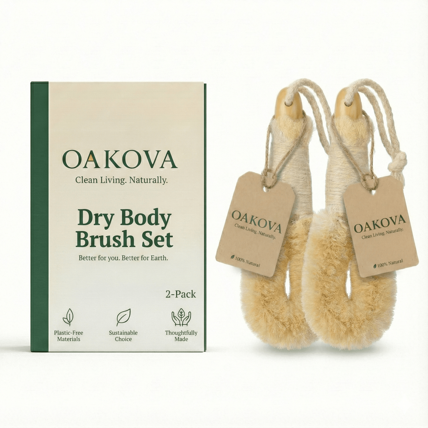 Oakova Dry Body Brush Set (2 - Pack) - Natural Bristles for Exfoliation & Lymphatic Support - Oakova