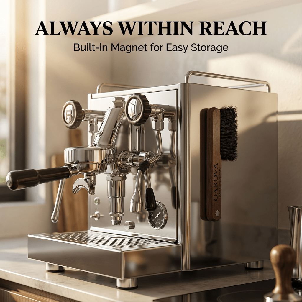 Oakova Magnetic Espresso Cleaning Brush - Natural Boar Bristles & Wood Handle - Oakova