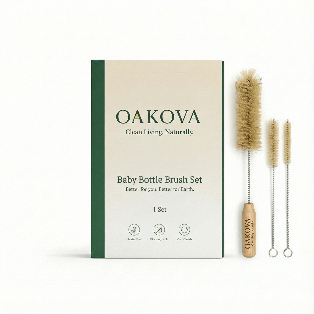 Oakova Natural Baby Bottle Brush Set (3-Piece) | Soft Boar Bristles for Bottles, Nipples & Straws