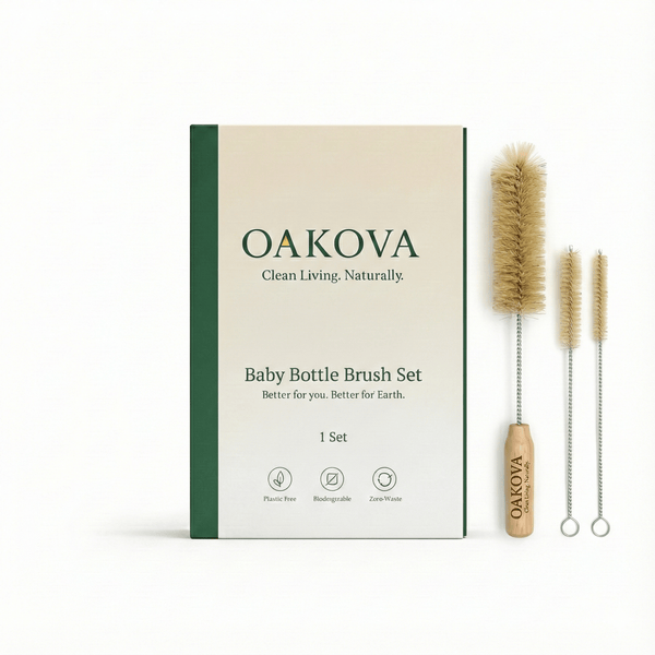 Oakova Natural Baby Bottle Brush Set (3-Piece) | Soft Boar Bristles for Bottles, Nipples & Straws