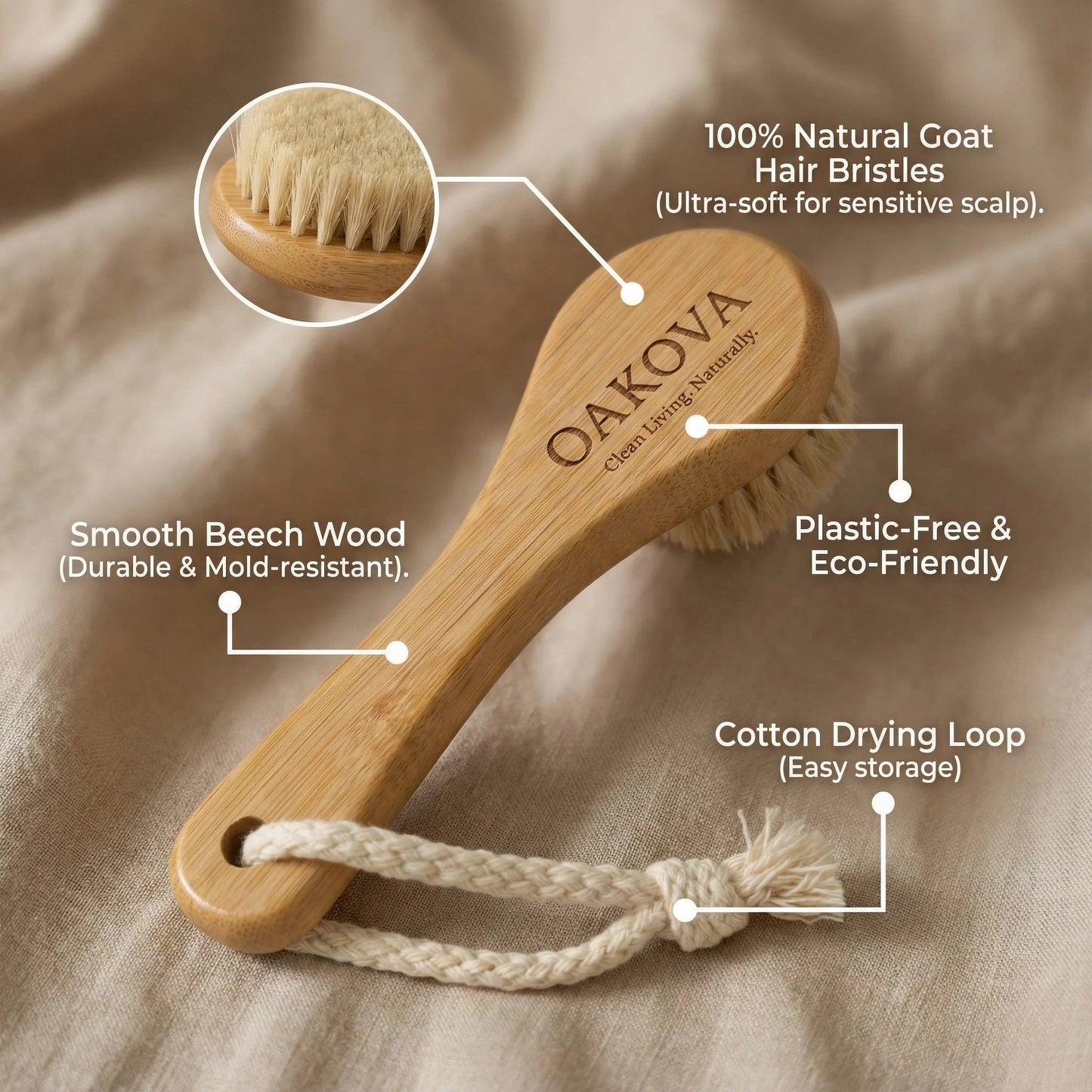Oakova Natural Baby Hair Brush for Cradle Cap - Soft Boar Bristles - Oakova