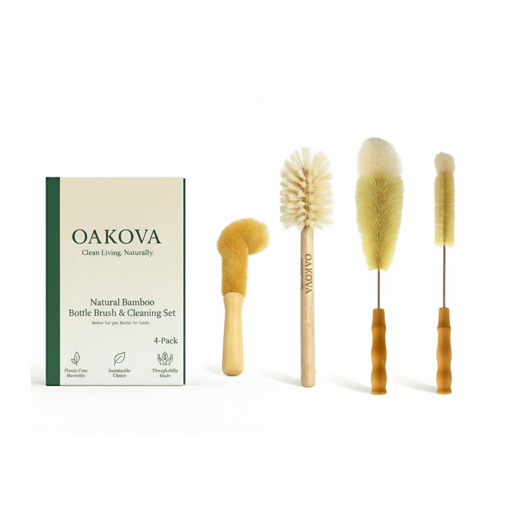 Oakova Natural Bamboo Bottle Brush & Cleaning Set | Plastic - Free Kitchen - Oakova