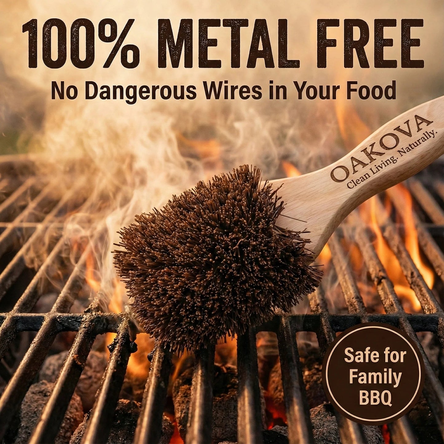 Oakova Natural Coconut Grill Brush - 100% Metal - Free & Safe BBQ Scrubber - Oakova