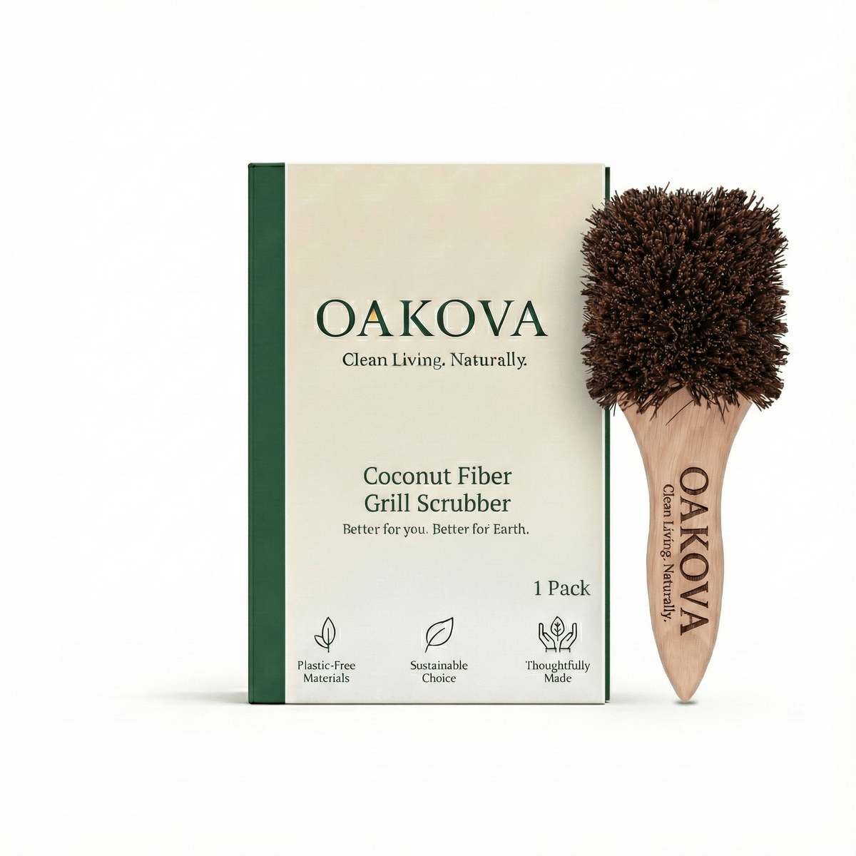 Oakova Natural Coconut Grill Brush - 100% Metal - Free & Safe BBQ Scrubber - Oakova