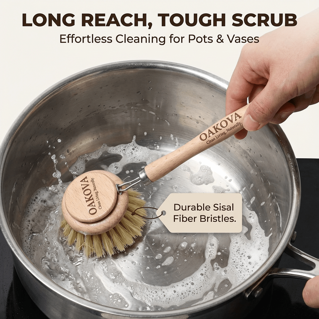 Oakova Natural Dish Brush Set (6 - Piece) - Long & Short Handle with 4 Replacement Heads - Oakova