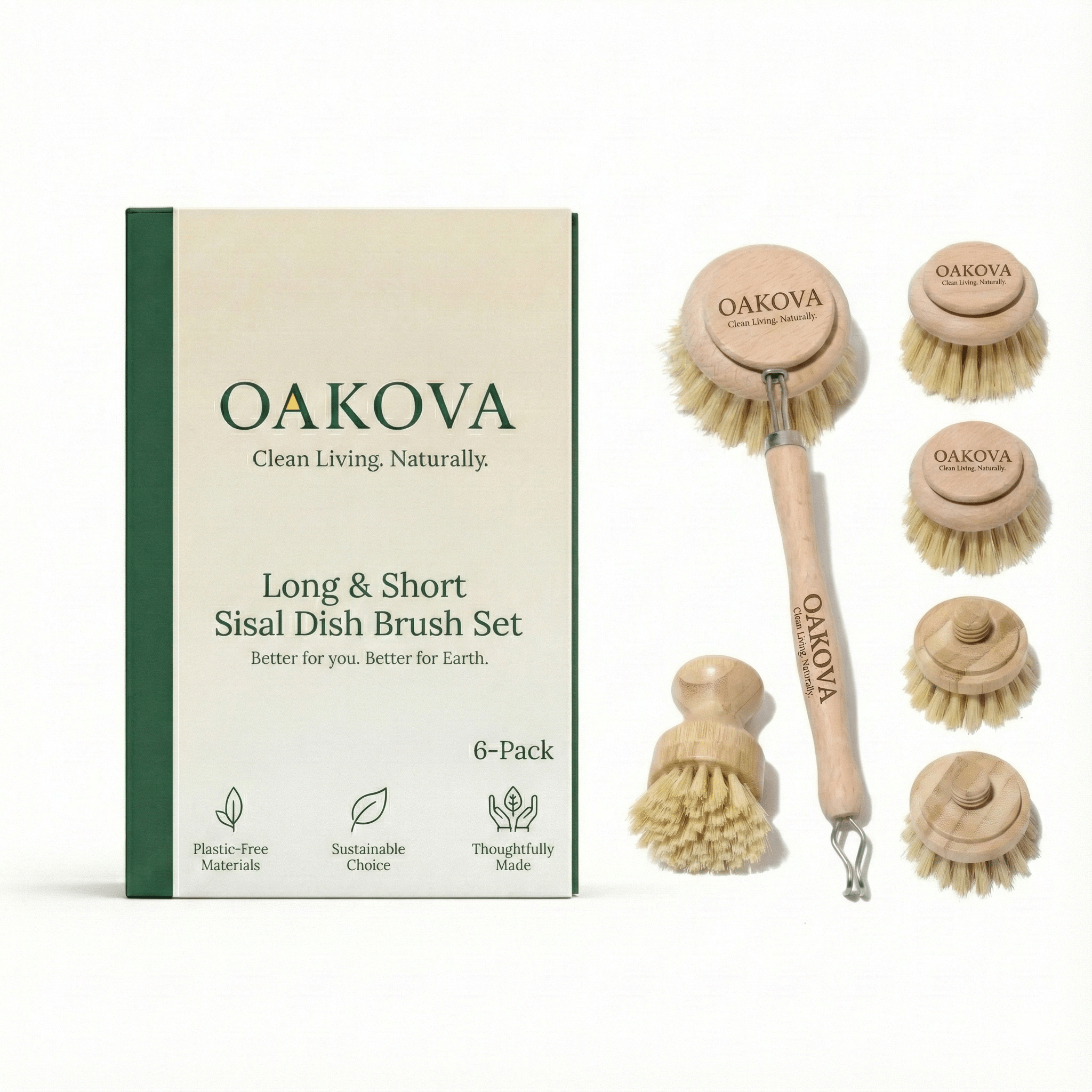 Oakova Natural Dish Brush Set (6-Piece) - Long & Short Handle with 4 Replacement Heads