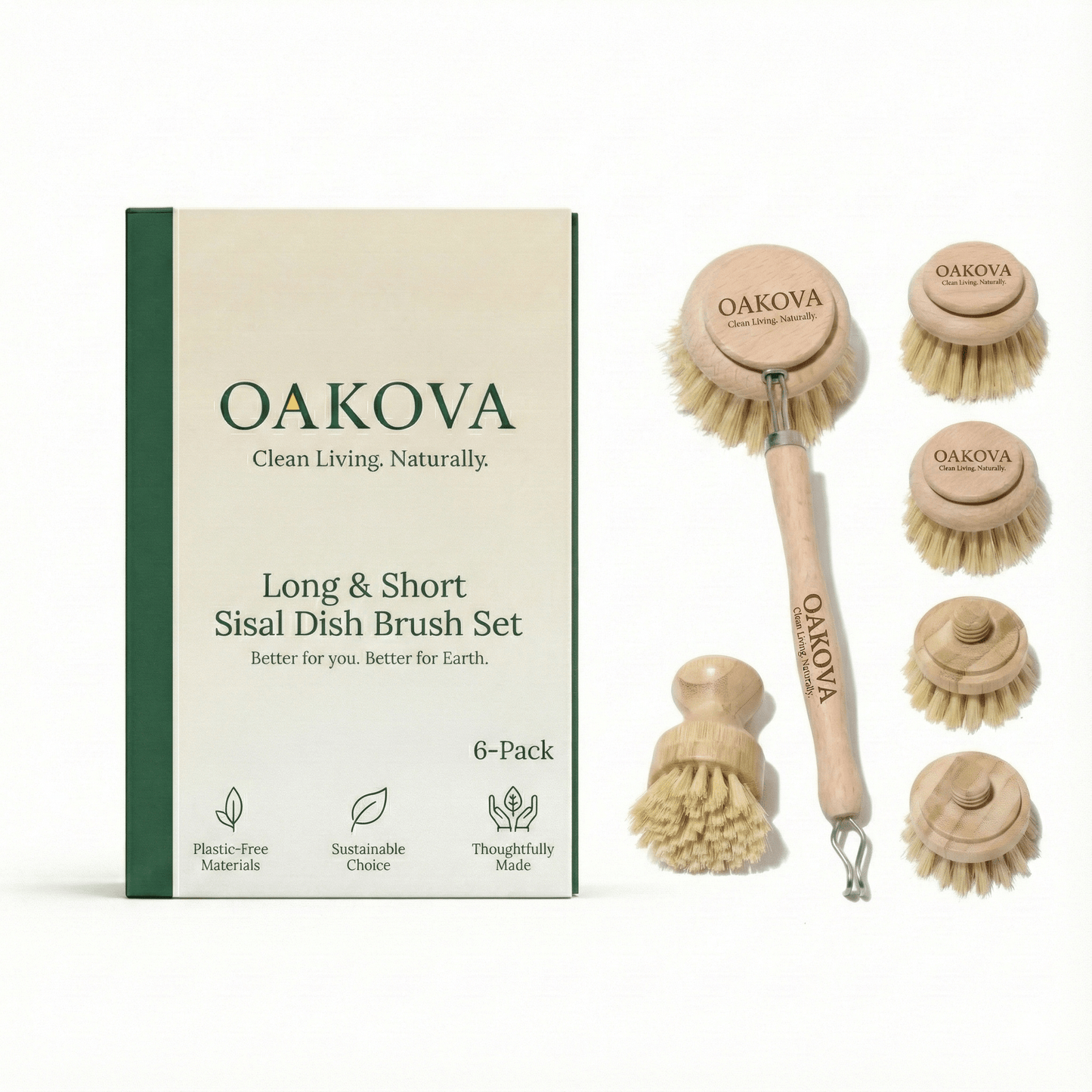 Oakova Natural Dish Brush Set (6 - Piece) - Long & Short Handle with 4 Replacement Heads - Oakova