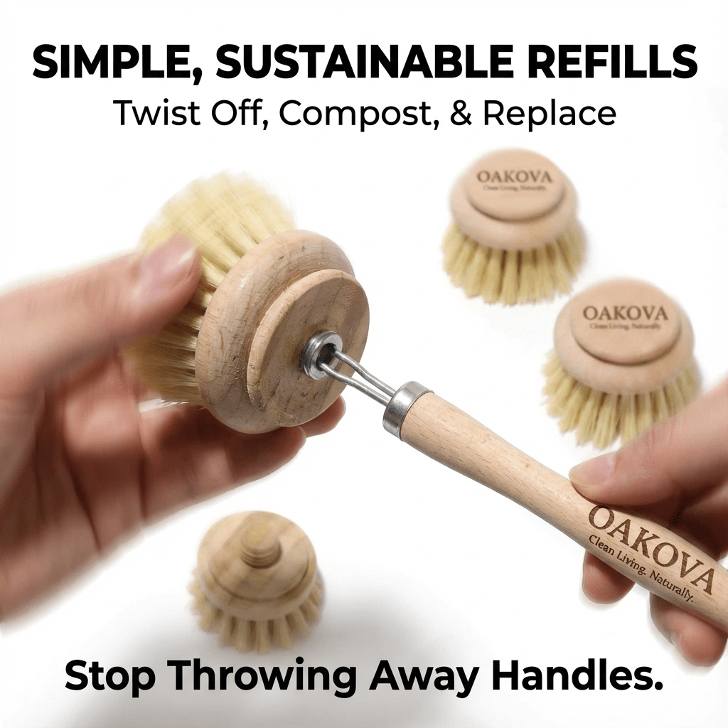 Oakova Natural Dish Brush Set (6 - Piece) - Long & Short Handle with 4 Replacement Heads - Oakova