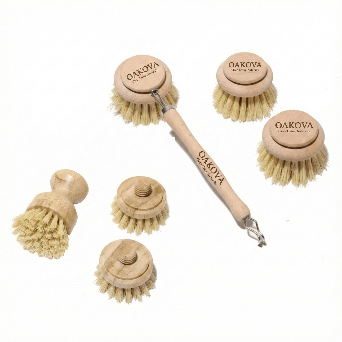 Oakova Natural Dish Brush Set (6 - Piece) - Long & Short Handle with 4 Replacement Heads - Oakova