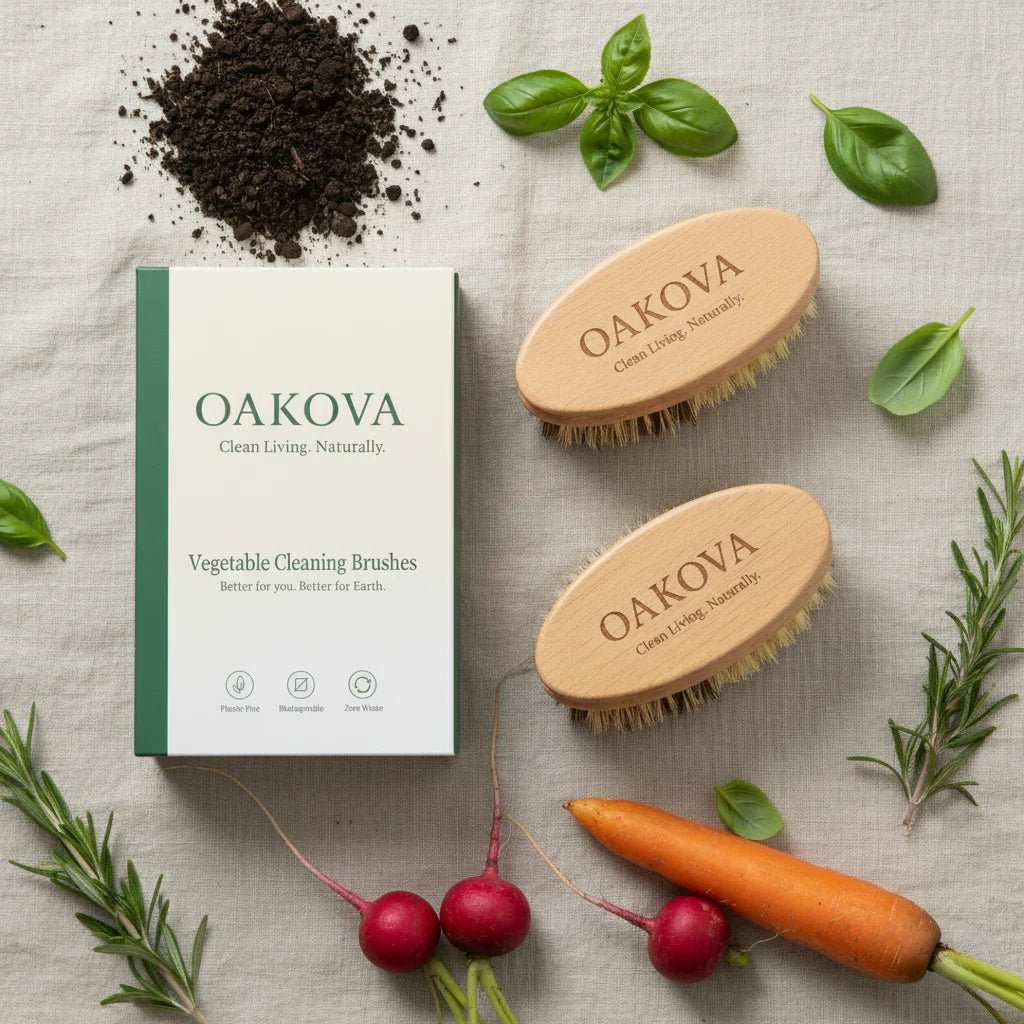 Oakova Natural Vegetable Brush Scrubber (2 - Pack) - Dual Bristles for Root Veggies & Fruit - Oakova