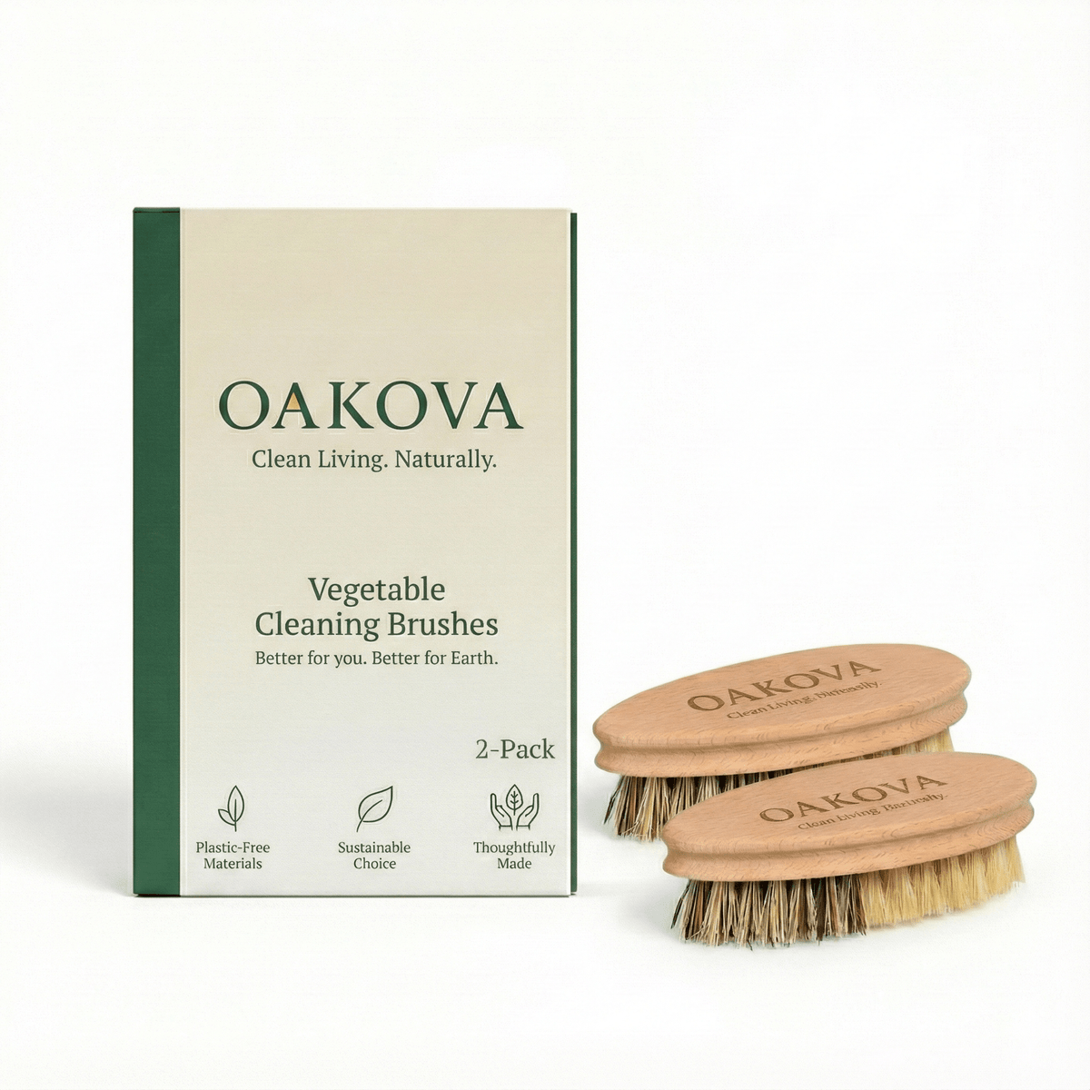Oakova Natural Vegetable Brush Scrubber (2-Pack) - Dual Bristles for Root Veggies & Fruit
