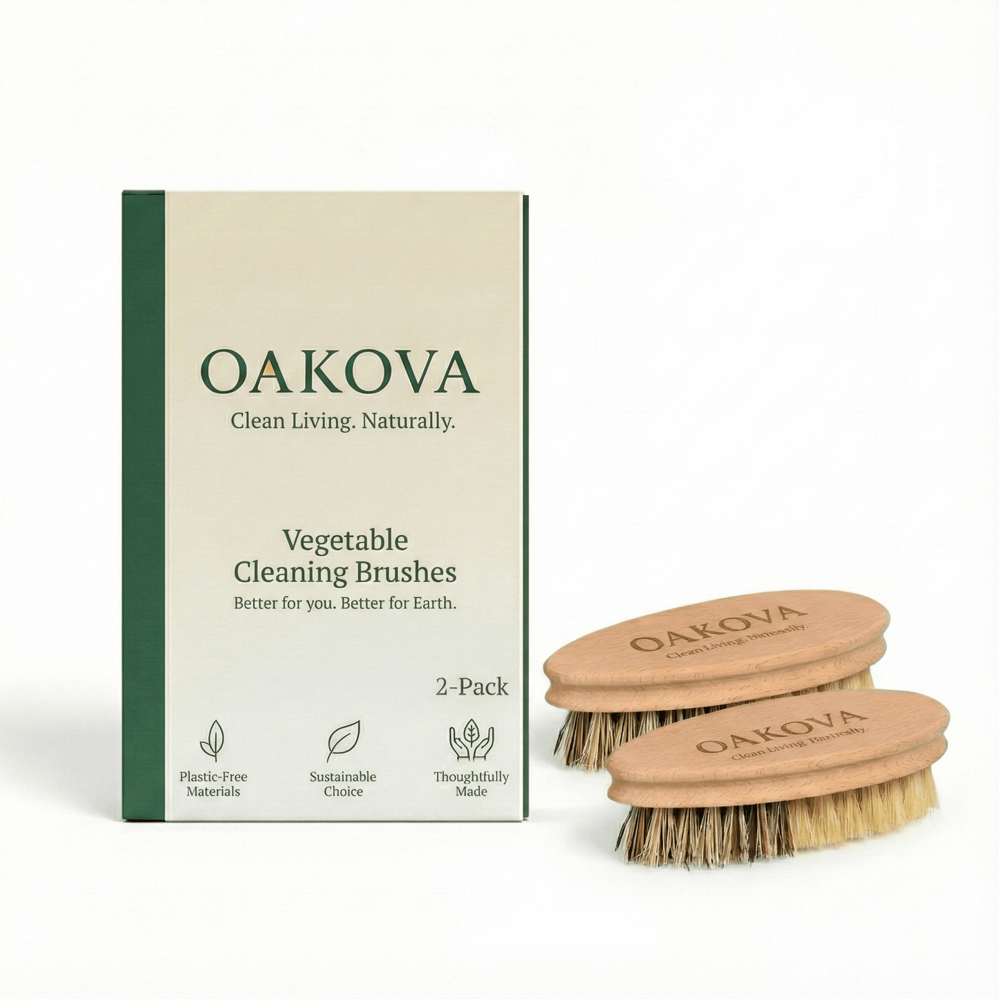 Oakova Natural Vegetable Brush Scrubber (2 - Pack) - Dual Bristles for Root Veggies & Fruit - Oakova