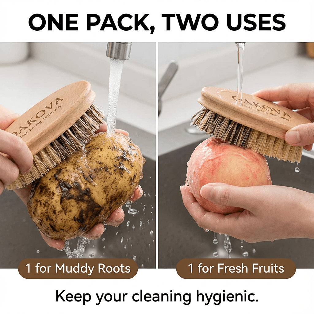Oakova Natural Vegetable Brush Scrubber (2 - Pack) - Dual Bristles for Root Veggies & Fruit - Oakova