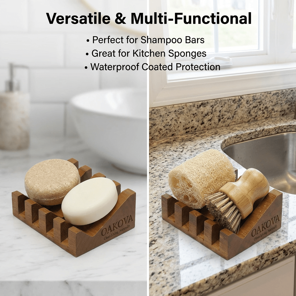 Oakova Self - Draining Wood Soap Dish Set (2 - Pack) | Waterfall Soap Saver for Bathroom & Kitchen - Oakova