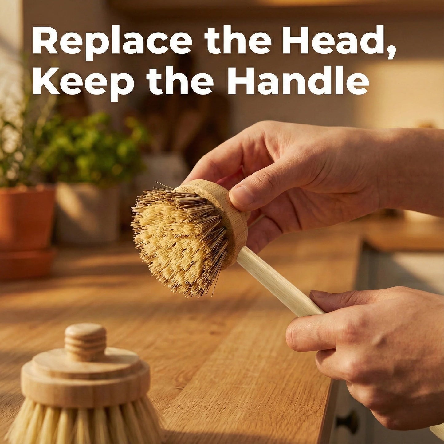 Oakova Ultimate Eco Kitchen Kit: Bamboo Long Handle Brush + 3 Heads & 5 Natural Scrub Pads | Sustainable Dishwashing Set - Oakova