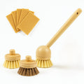 Oakova Ultimate Eco Kitchen Kit: Bamboo Long Handle Brush + 3 Heads & 5 Natural Scrub Pads | Sustainable Dishwashing Set - Oakova