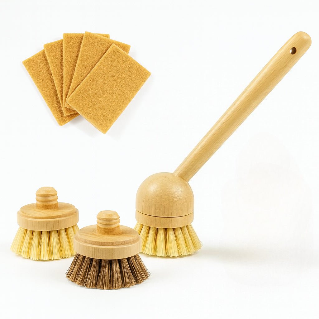 Oakova Ultimate Eco Kitchen Kit: Bamboo Long Handle Brush + 3 Heads & 5 Natural Scrub Pads | Sustainable Dishwashing Set - Oakova
