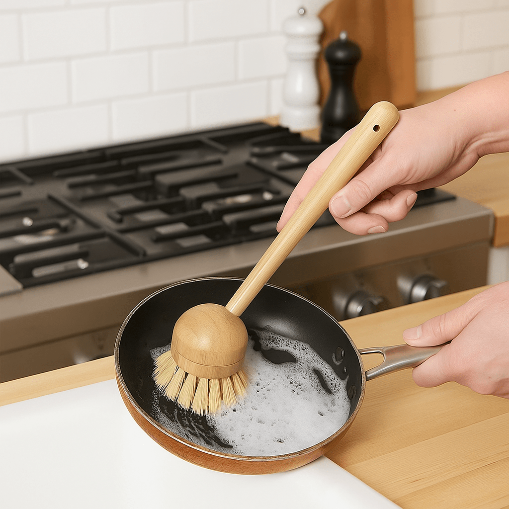 Oakova Ultimate Eco Kitchen Kit: Bamboo Long Handle Brush + 3 Heads & 5 Natural Scrub Pads | Sustainable Dishwashing Set - Oakova