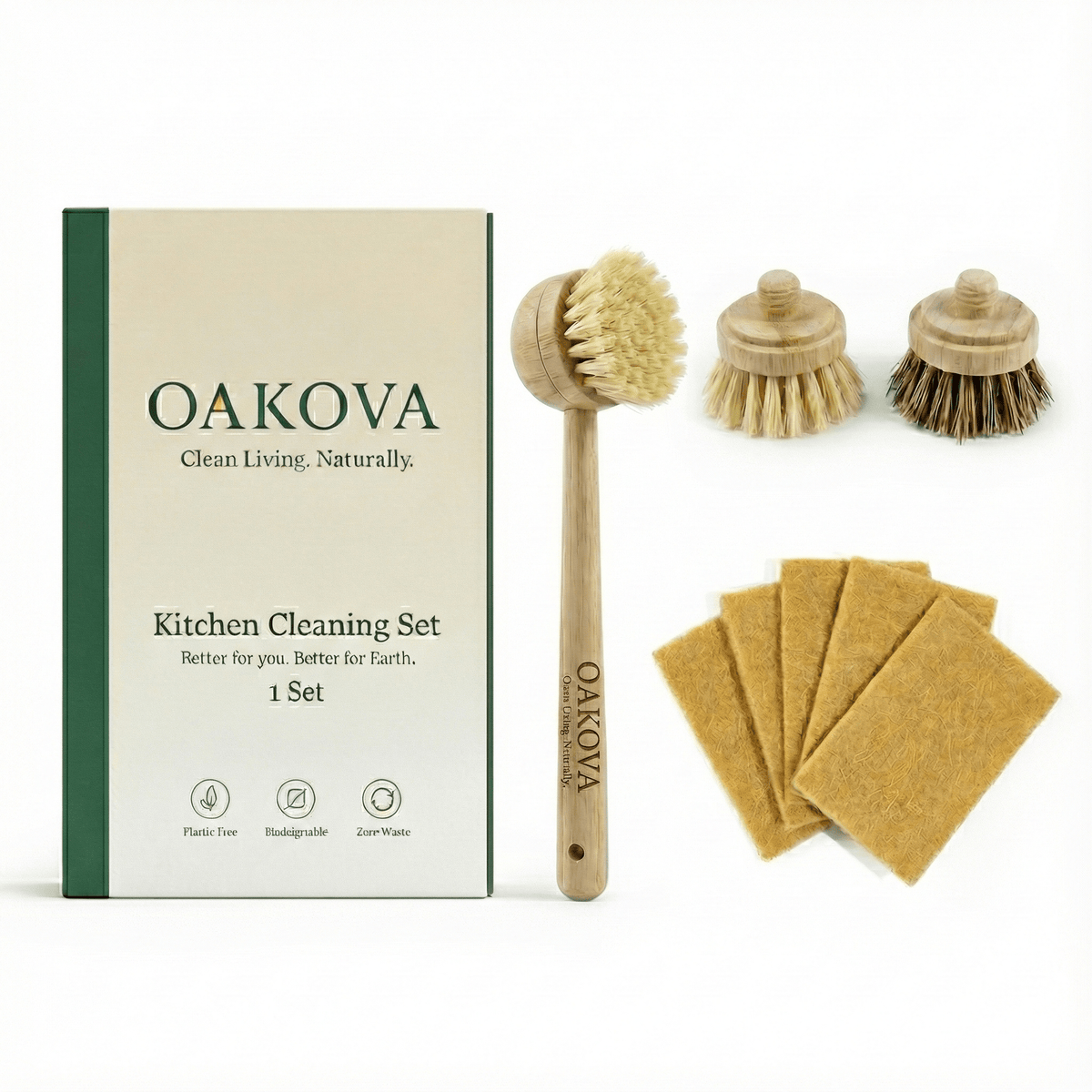 Oakova Ultimate Eco Kitchen Kit: Bamboo Long Handle Brush + 3 Heads & 5 Natural Scrub Pads | Sustainable Dishwashing Set