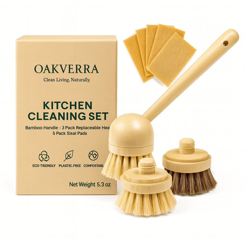 Oakova Ultimate Eco Kitchen Kit: Bamboo Long Handle Brush + 3 Heads & 5 Natural Scrub Pads | Sustainable Dishwashing Set - Oakova