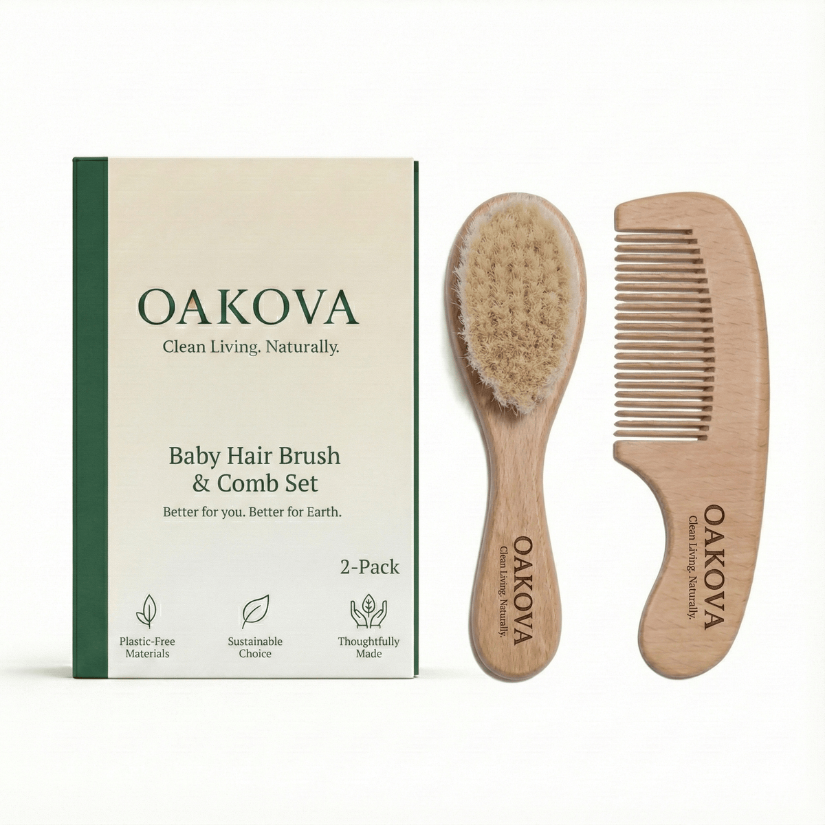Oakova Wooden Baby Hair Brush & Comb Set - Soft Goat Hair for Cradle Cap & Newborn Scalp Care