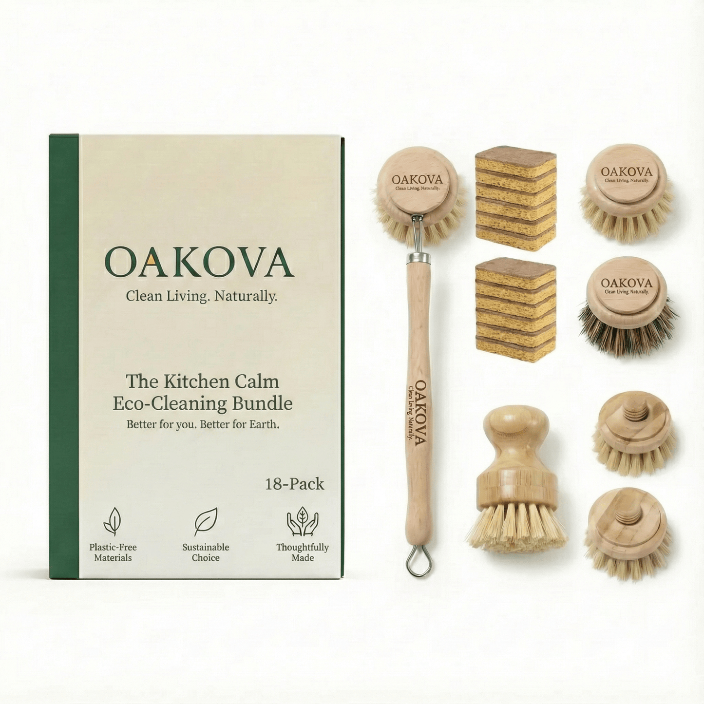The "Kitchen Calm" Eco - Cleaning Bundle: 6 - Piece Beechwood Brush Set + 12 Natural Sisal Sponges - Oakova